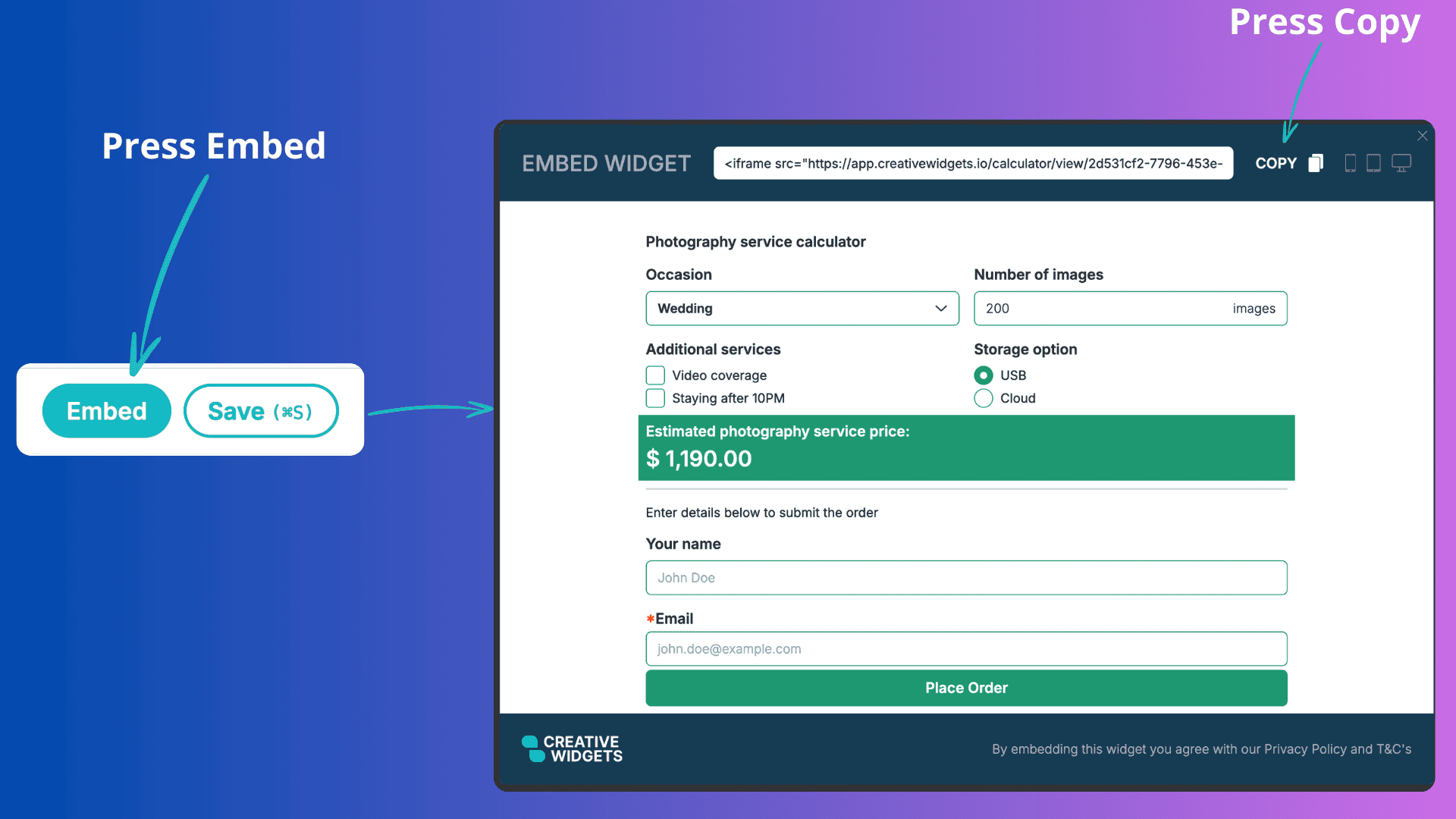 Copy code and embed widget steps
