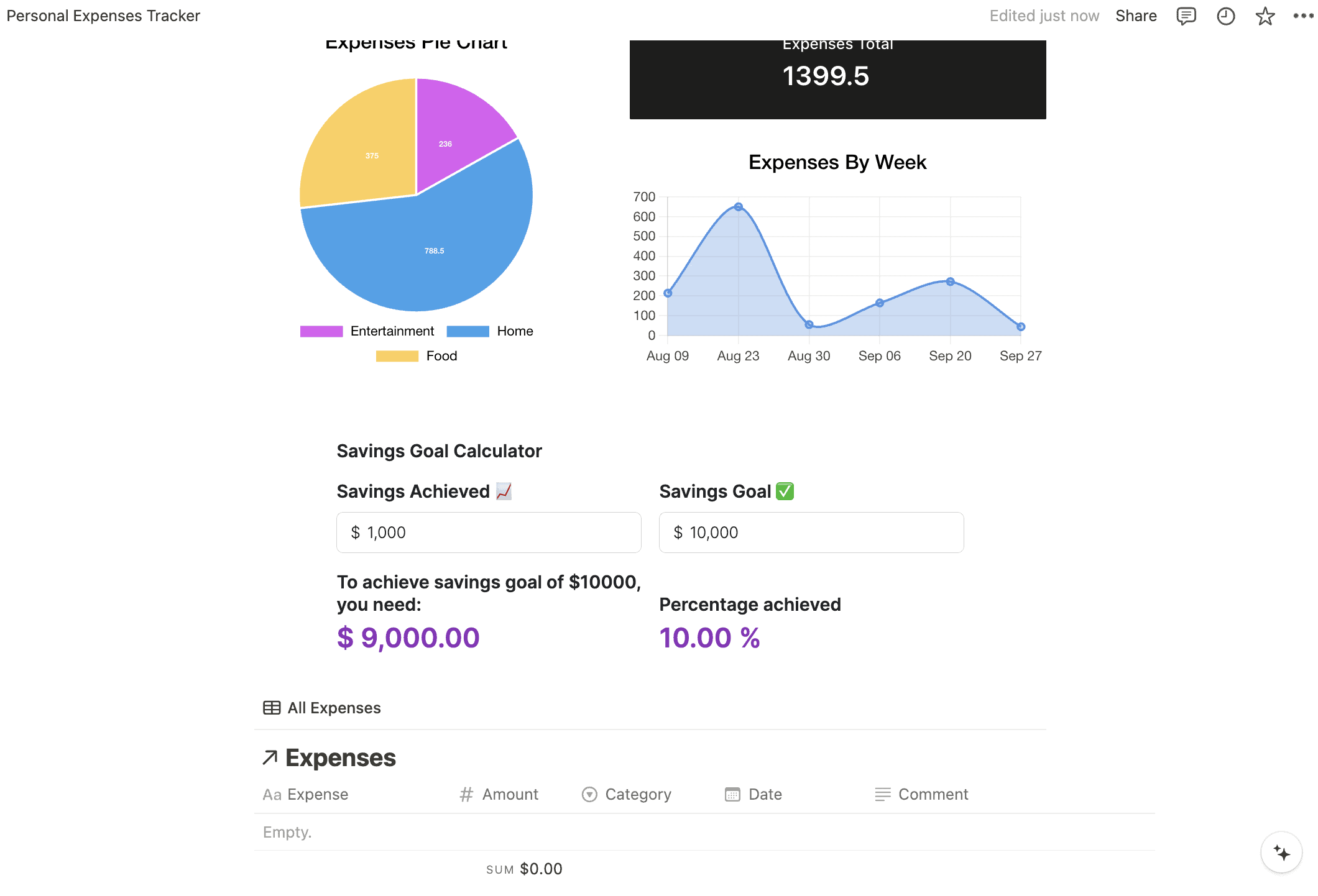 Embedded calculator in Notion screenshot