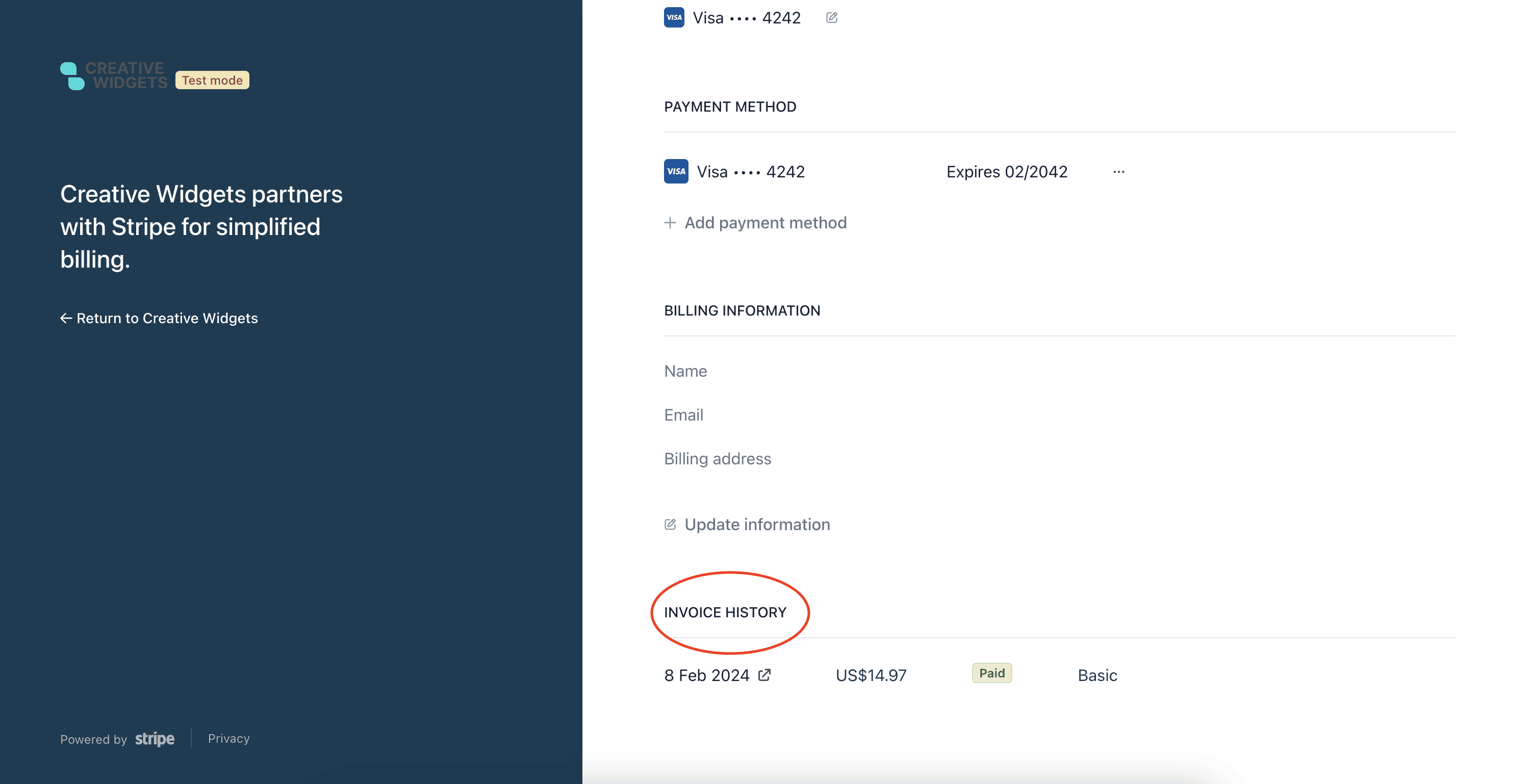 See invoices history section on stripe billing portal