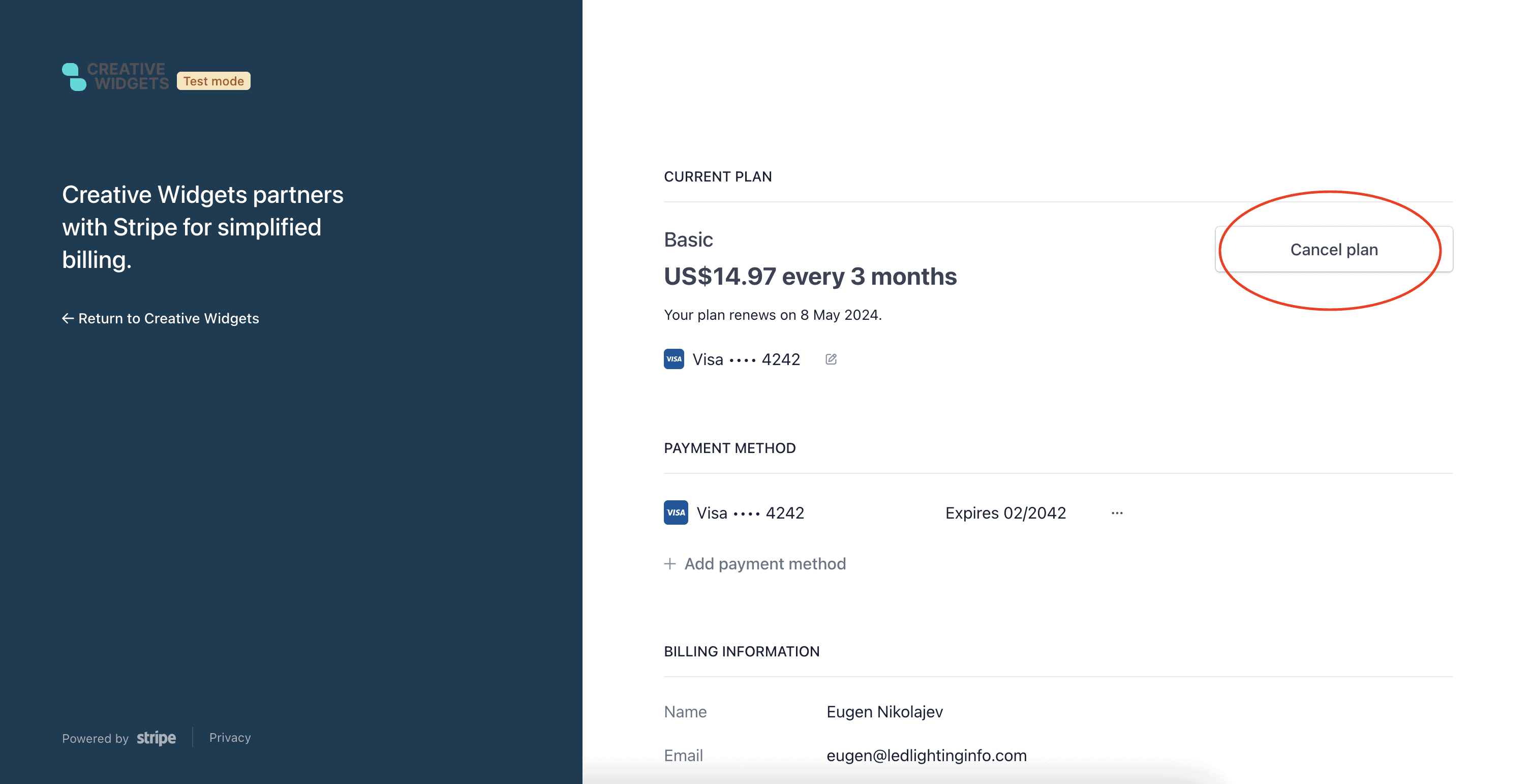 On stripe portal press cancel button