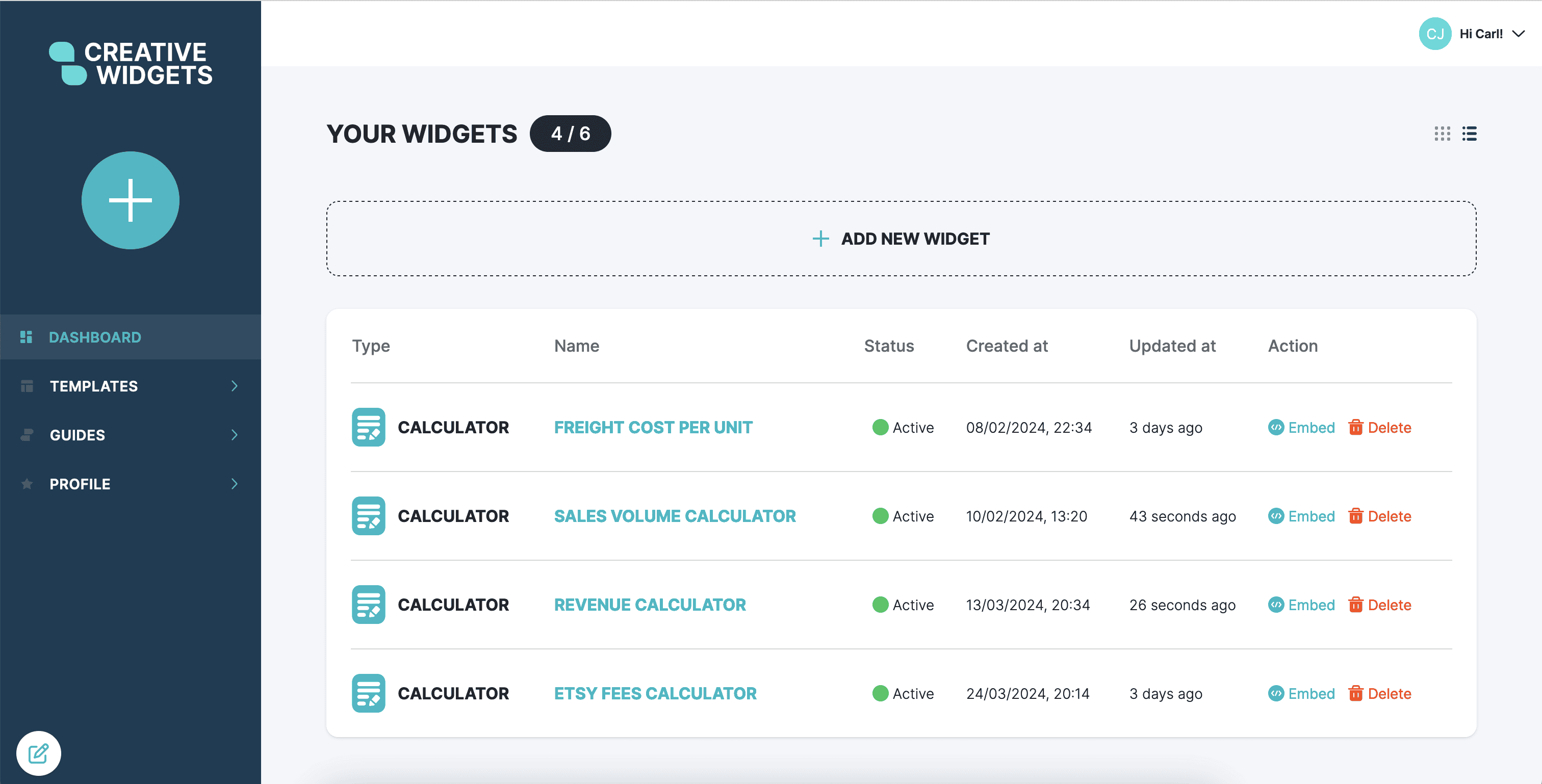 Table widgets preview