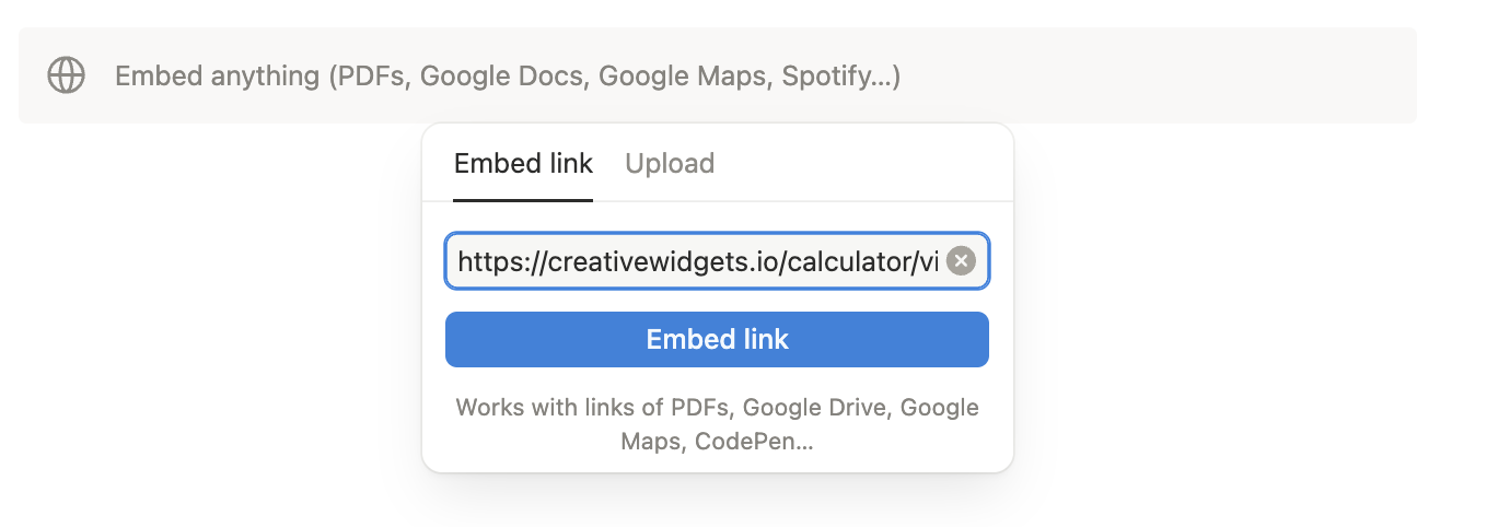 Notion embed block with interactive calculator integration
