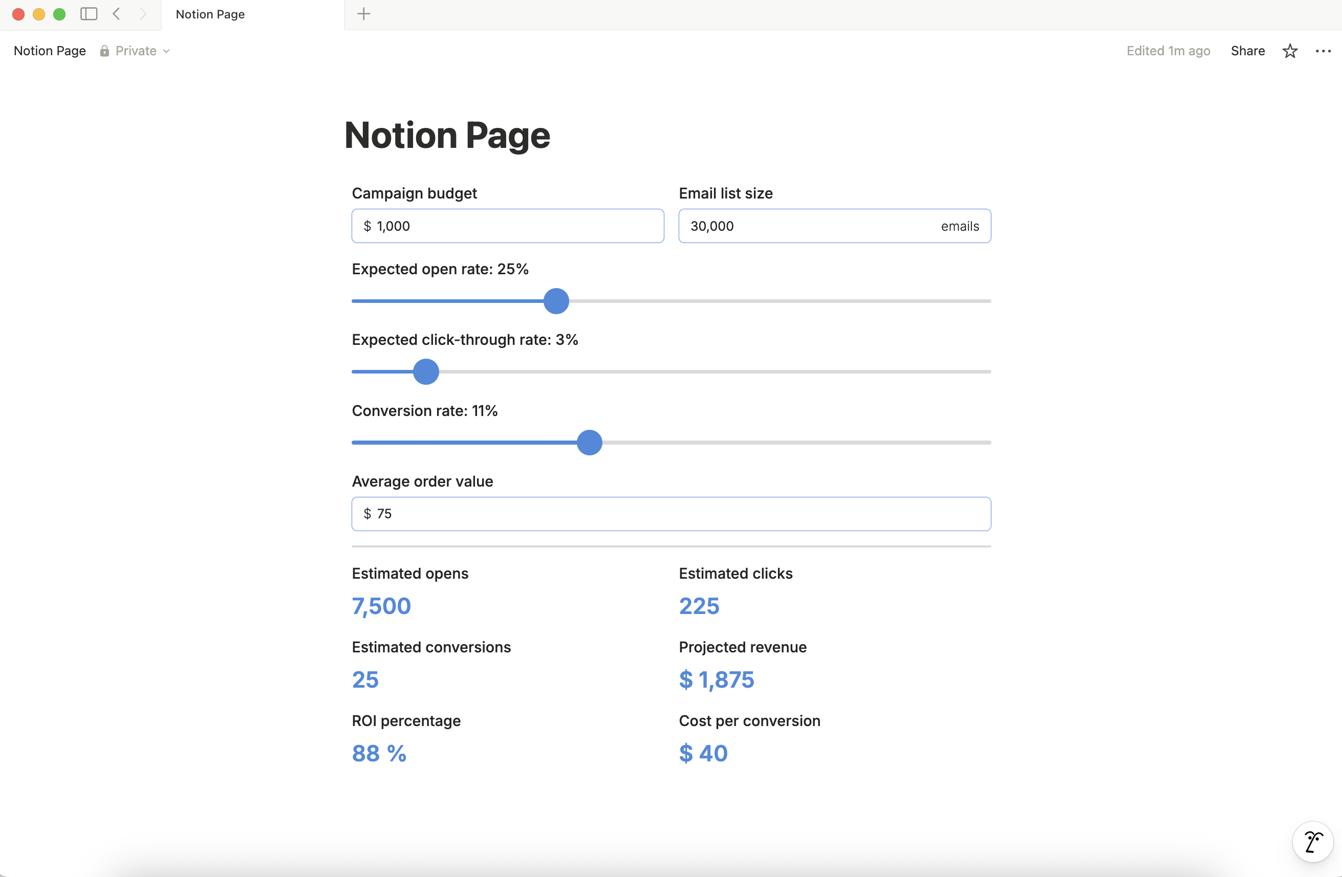 Notion page transformed from static to interactive with calculators