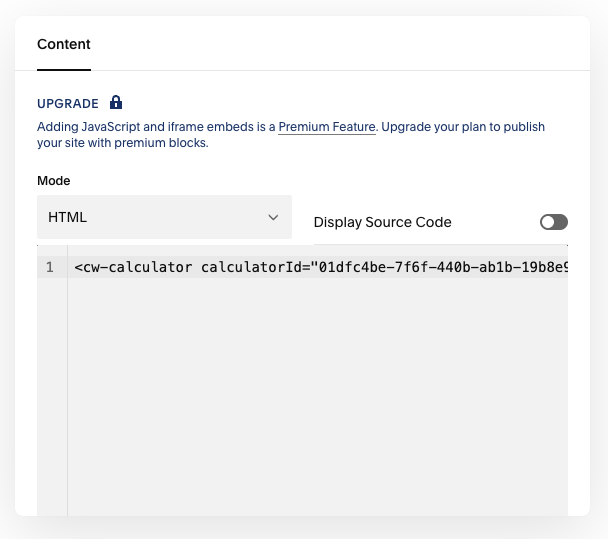 Squarespace code block with calculator embed